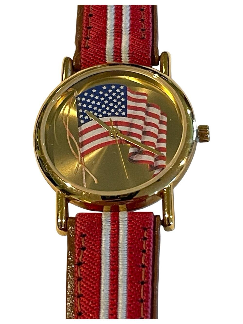 Unisex VALDAWN American Flag Patriotic 4th of July Gold Tone Watch, 33mm Leather